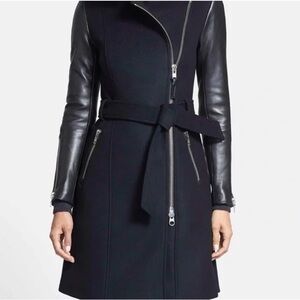 Mackage Dale Wool Leather Sleeve Trench Coat Size XS Black EUC